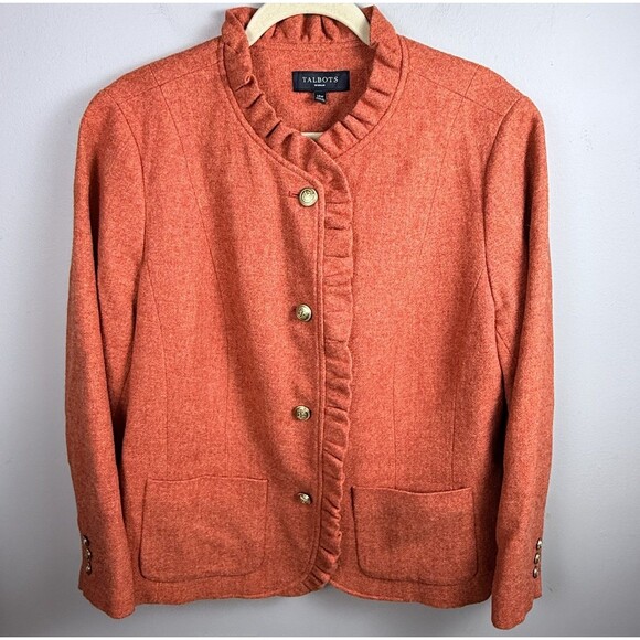 Talbot's Wool Blend Lined Blazer Coat Orange Lining EUC Size 14W Ruffles Button - Picture 1 of 8